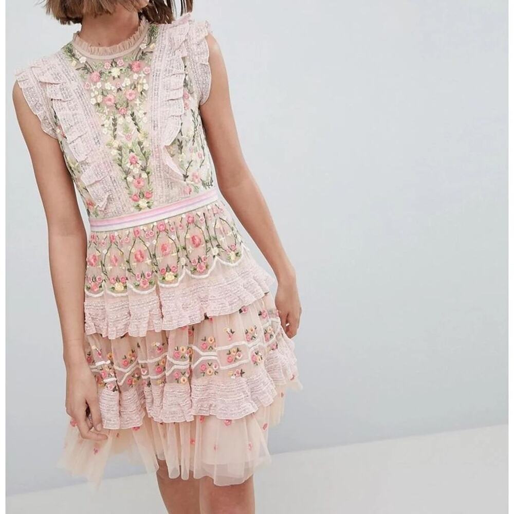 Needle & Thread Lattice Rose Embroidered Frill Sleeveless Mini Dress Women’s 2 - Picture 2 of 15